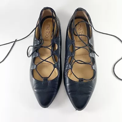 ME TOO  Pointed Toe Lace Up Black Ballet Leather Flats  Amber  Women's Sz 8 M • $19.99