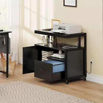 Wood File Cabinet Lateral Rolling Filing Cabinet Nightstand W/Charging Station • $91.79