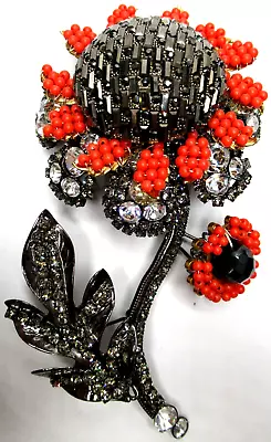 LAWRENCE VRBA Bright Orange Beaded Rhinestone HUGE 5.5  Flower Brooch • $499.99