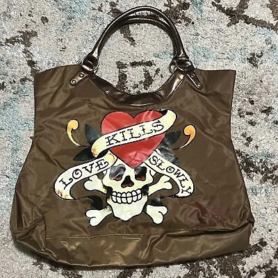 Vintage Ed Hardy Love Kills Slowly Skull Heart Bronze Tote Bag Handbag Purse • $30