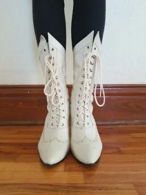 White Leather Victorian Vintage Costume Boots Size 7.5 Women's  • $45