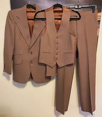 VTG 70s Brown Herringbone Suit Disco Bell Bot 3 Piece ￼Chest 36” Waist 30” Small • $100