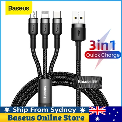 $8.99 • Buy Baseus 3 In 1 3.5A USB To Type-C Micro Charger Cable Charging Lead For IPhone