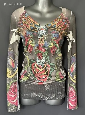 New VOCAL Womens CRYSTAL SUBLIMATION OLD SCHOOL TATTOO SHIRT SWEATER S M L XL • $52.20