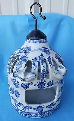 Vintage Blue & White Ceramic Hand Painted Bird Cage/Feeder Porcelain Hanger 16” • $100