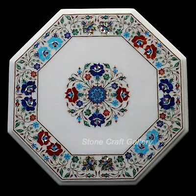 18  White Marble Side Table Top Semi Precious Stones Inlay Work Handmade • $485.51