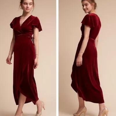 Anthropologie BHLDN Thrive Burgundy Red Wrap Front Flutter Suede Velvet Dress • $139.99