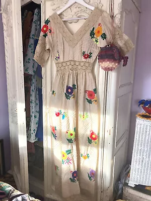 Vintage S Rare Mexican Wedding Dress Embroidered Floral Handmade 60s 70s Ivory • £180