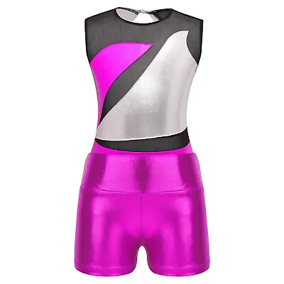 UK Girls Gymnastics Leotards Metallic Dance Leotard With Boyshorts Yoga Workout • £3.91