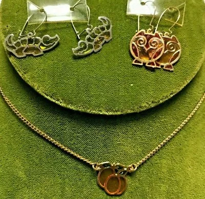 Vintage Set Of 2 Pair Earrings & Necklace Set Alligator Owl Orange Fruit Animal • $8.99