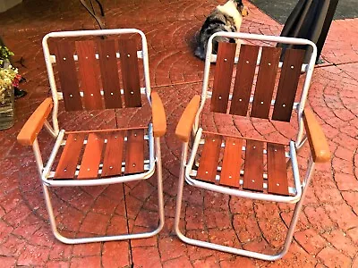 Set Of 2 Vintage Wood Slat Aluminum Folding Lawn Chair Mid Century Modern • $69.99