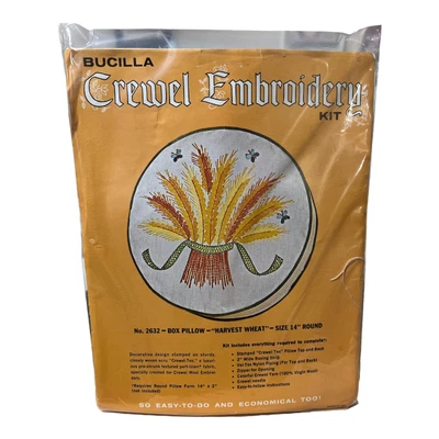 $7.90 • Buy 1977 Caron Crewel Embroidery Kit No. 2632 Box Pillow “Harvest Wheat” 14” Round