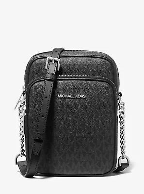 Michael Kors Jet Set Travel Black MK Signature PVC Medium Flight Crossbody Bag • $77.98