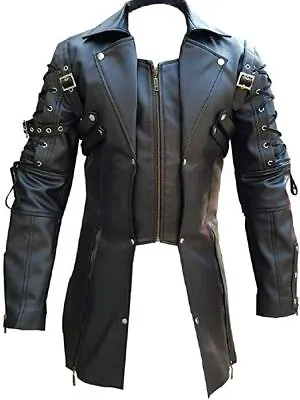 Mens Steampunk Style Coat Faux Leather Goth Gothic Trench Black Coat Van Helsing • $64.99