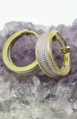 Judith Ripka 925 Sterling Silver Goldtone Hoop Earrings Textured 1  Clip-on • $59.99