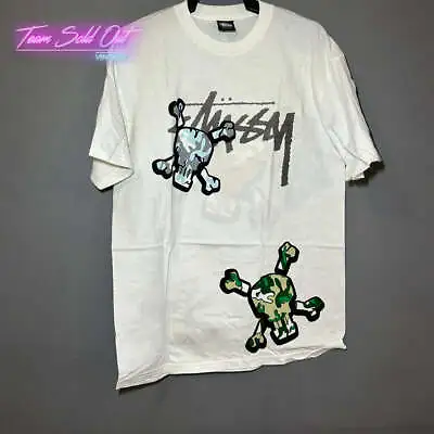 Vintage New Stussy White Camo Skulls Tee T-Shirt Medium • $39.88