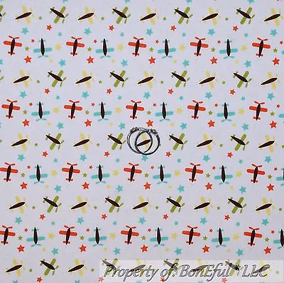 BonEful Fabric FQ Cotton Quilt White Yellow Blue Green US Airplane Star Boy Mask • $4.20