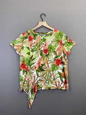 J Jill Womens Tropical Shirt Green Short Sleeve Scoop Neck Front Tie Size Large • $31.49