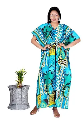 $36.29 • Buy Indian Cotton Turquoise Ikat Kaftan Beach Cover Night Maxi Gown Womens Kaftan AU