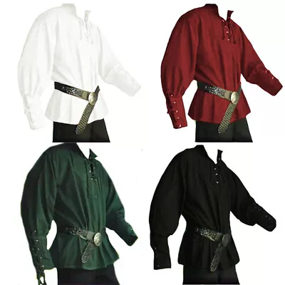 Men Medieval Shirt Stand Collar Bandage Loose Cosplay Costume Blouse Retro Shirt • $14.99