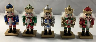 Set Of 5 Small Wooden Nutcracker Figurines Sequined 4.5” Tall Kings Christmas • $44.99