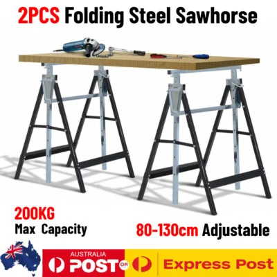 $69.45 • Buy 2x Heavy Duty Metal Saw Horse Foldable Steel Trestle Stand Carpentry Work Bench