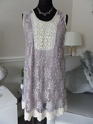 £5.99 • Buy Yumi Size L Dusky Mauve & Beige Lace Sleeveless Embellished Shift Dress Bnwt