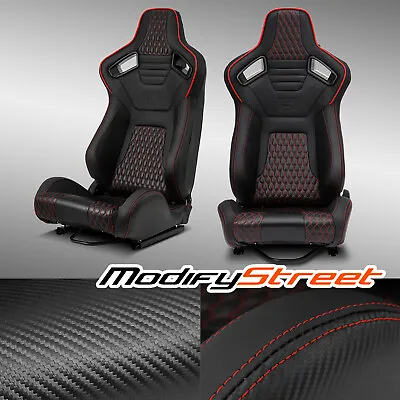 $346.98 • Buy Pair Of PVC Carbon Fiber Leather Reclinable Racing Seats W/Silders Red+Black