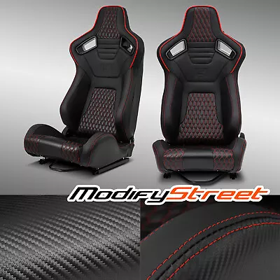 Pair Of PVC Carbon Fiber Leather Reclinable Racing Seats W/Silders Red+Black • $341.98