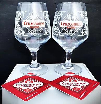 Cruzcampo Pint Chalice Glasses X 2 & Beer Mats - Brand New • £13.95