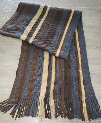 Mens STRIPED KNIT WINTER SCARF 62 INCH X 19 WIDE TAN BROWN GRAY SOFT! • $4.76