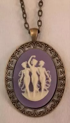 Lacy Open Swirl Rim Violet Three Muses Faith Hope Love Cameo Brasstone Necklace • $14.99