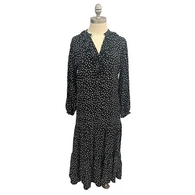 Zara Polka Dot Midi Dress Button Front Loose Flowy Black White Long Sleeves XS • $25