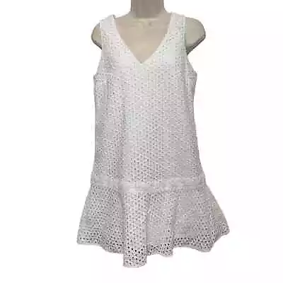 Banana Republic White Eyelet Lace Fit N Flare Dress Womens 6 V-neck Sleeveless • $10.94