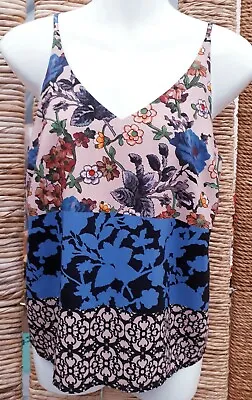 TOPSHOP Blouse Size 6 Blue Pink Black Floral Strappy Vest Top Camisole Ladies • $7.52