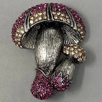 Mushroom Figural Brooch Pink Glass Rhinestones Textured Silver Tone Whimsical 2  • $14.45