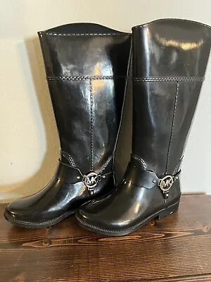Michael Kors Black Silver Logo Detail Womens Knee High Rain Boots - Size 7 • $19.99