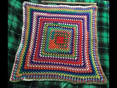 Homemade Vintage Multi-Color Granny Square Afghan Throw Blanket 46”x46””Crochet • $10