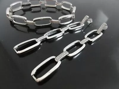 Superb Set Modernist 925 Sterling Silver Zircon Long Dangle Earrings & Bracelet • $129