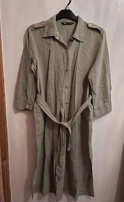 Zara Light Khaki Military Style Midi Belted Maxi Shirt Dress Size EU XL Fab Cond • £22.99