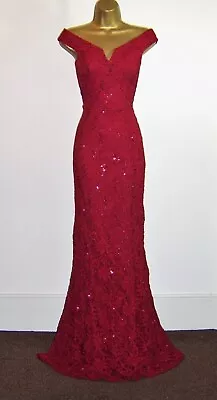 QUIZ Size 8 Stretchy Lace Red Sequin MAXI Long Evening Party Prom Dress Gown • £38.99