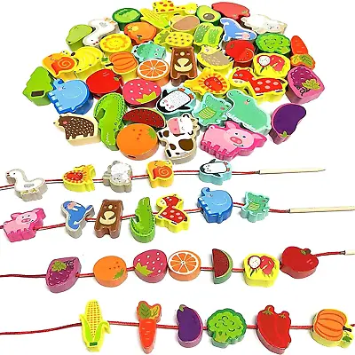 46 PCS Montessori Wooden Lacing Beads Toys For ToddlersEducational Stringing An • $27.95