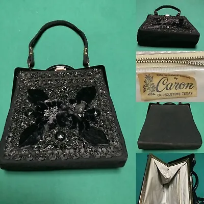 1950’ Caron Cocktail Bag W/Black Velvet Flowers And Black Beaded Trim. Elegant • $28.50