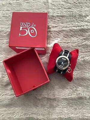 UNO DE 50 Leather Cuff Strap Silver Tone Watch Exc Con Original Box RARE PIECE • £175