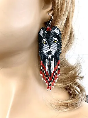 Native Style Green Red Beaded Wolf Handmade Ethnic Fashion Hook Earrings E14012 • $12.99