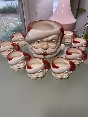 Vintage  Santa Claus Ceramic Punch Bowl W/ Ladle And 8 Cups Jamar Mallory • $495