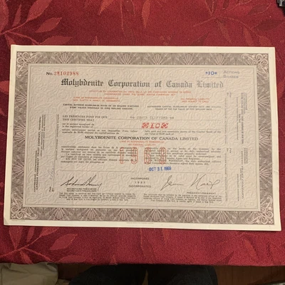 $25 • Buy Molybdenite Corporation Of Canada Ltd, Stock Certificate Dated 10-31-1969