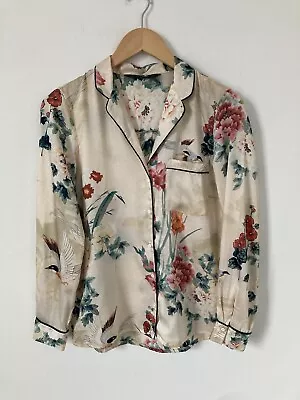 Zara Blouse Small Long Cuff Sleeve Oriental Bird Floral Trim Shirt  • £7.99