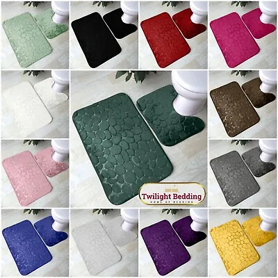 2 Piece Pebble Bath Mat Pedestal Set Non Slip Extra Large Bathroom Toilet Rugs • £10.99