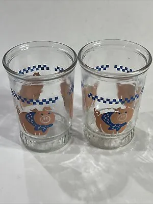 VTG BAMA Jelly Jars Barnyard Country 3 Pigs 10oz Juice Glasses Bandana 2 Glasses • $10.99